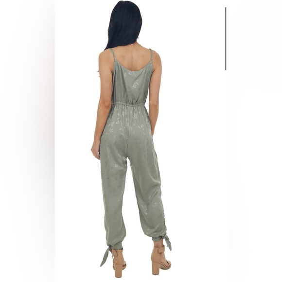 Olive Floral Textured Silky Surplice Jumpsuit, NWT. - Picture 2 of 2
